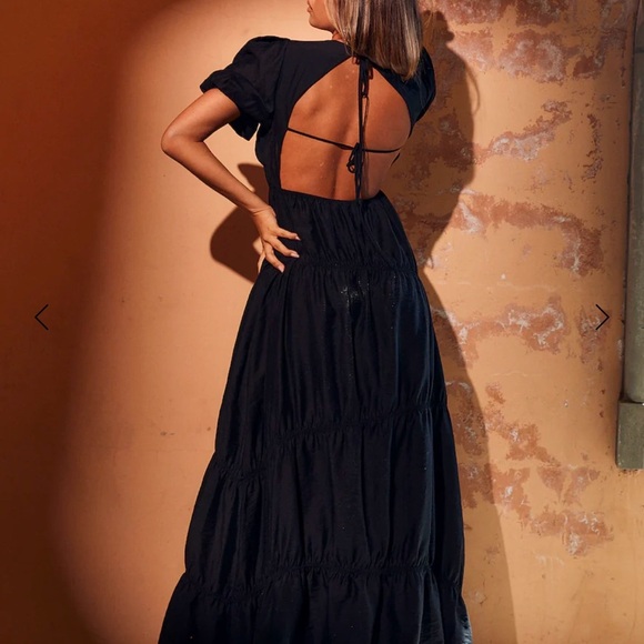 Hello Molly Black Ruffled Tiered Maxi Dress with Puff Sleeves open back S NEW - Picture 3 of 8